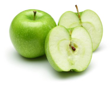 Bütün ve izole yarım Granny smith elma