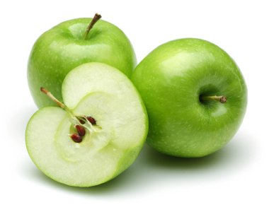 Bütün ve izole yarım Granny smith elma