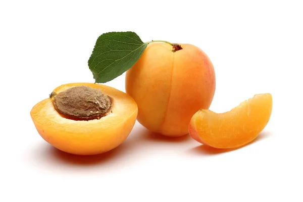 Fresh apricot fruits with leaf isolated on white — Stock Photo, Image