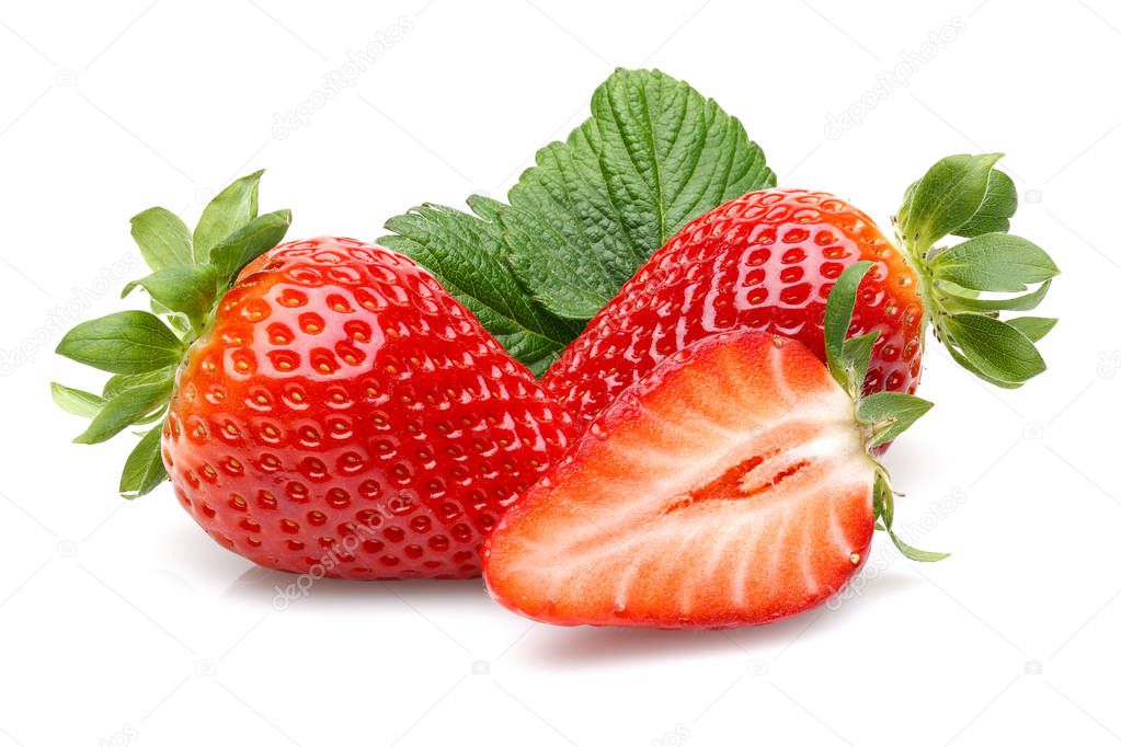 Half and whole strawberries isolated on white