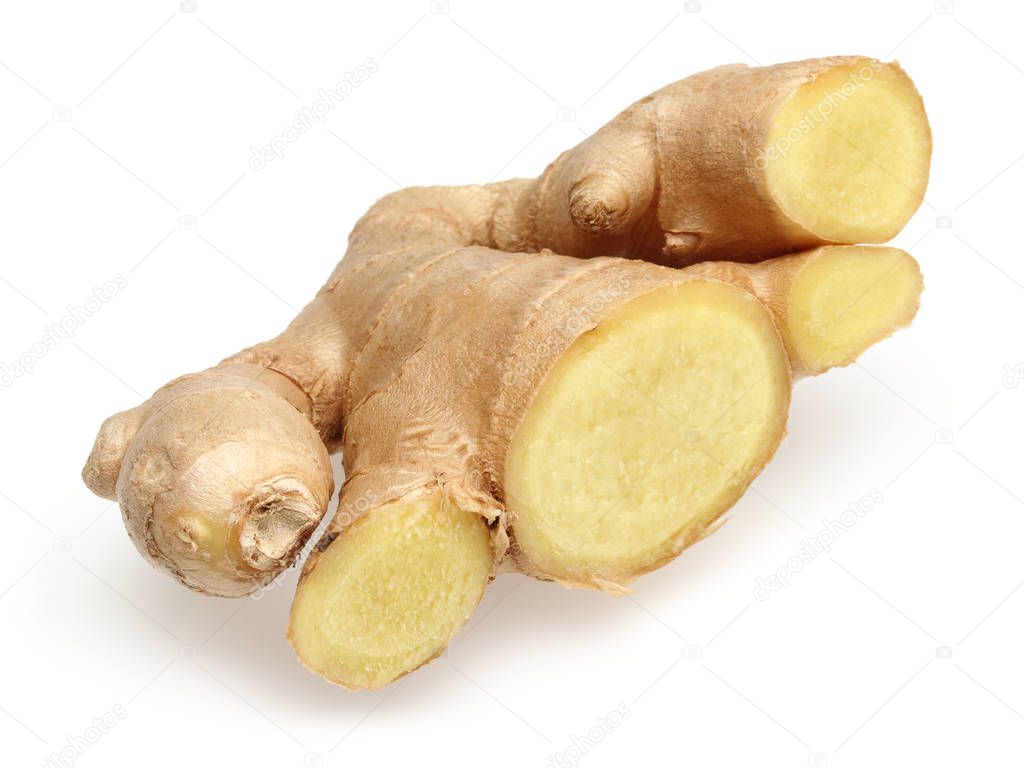 Ginger root with slices isolated on white
