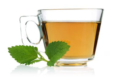 Bir cam fincan limon balm ile Melissa çay yaprakları