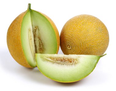 Kavun meyve ve üzerinde beyaz izole dilim