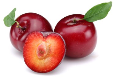 Yaprak üzerinde beyaz izole kırmızı Erik