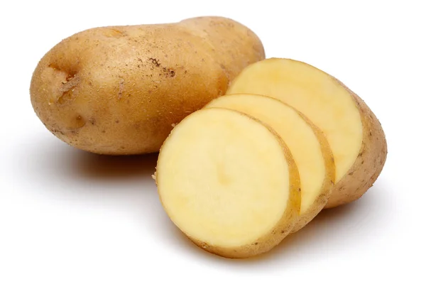 Fresh potatoes with slices isolated on white — Stock Photo, Image