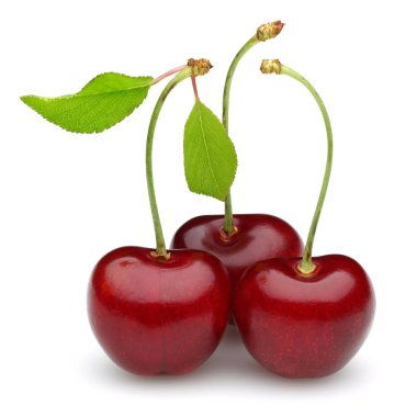 Olgun kırmızı kiraz izole yeşil yaprakları ile