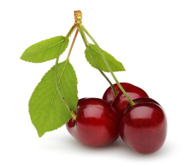 Olgun kırmızı kiraz izole yeşil yaprakları ile