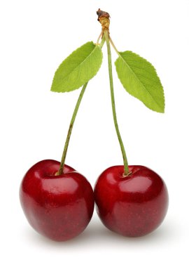 Olgun kırmızı kiraz izole yeşil yaprakları ile