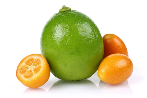 Kumquats frais et citron vert isolés sur blanc Image En Vente