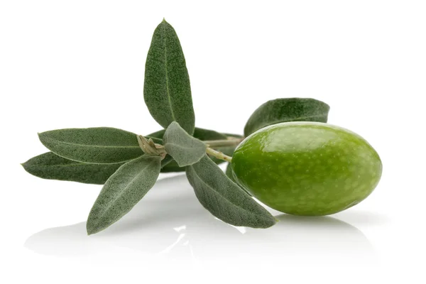 Oliva verde con hojas aisladas sobre blanco — Foto de Stock