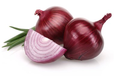 Red onion with slices and fresh scallion isolated clipart