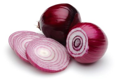 Red onion with slices isolated on white clipart