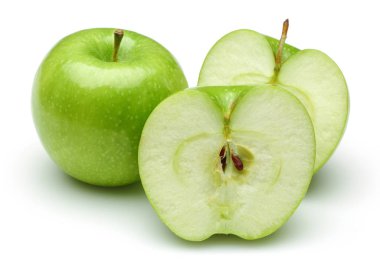 Bütün ve izole yarım Granny smith elma