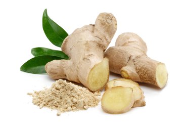 Zencefil kökü ve izole yaprakları ile toz