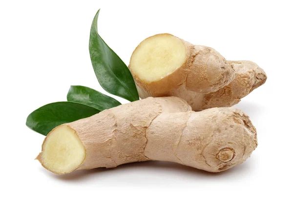 Fresh ginger root with leaves isolated on white — Stock Photo, Image
