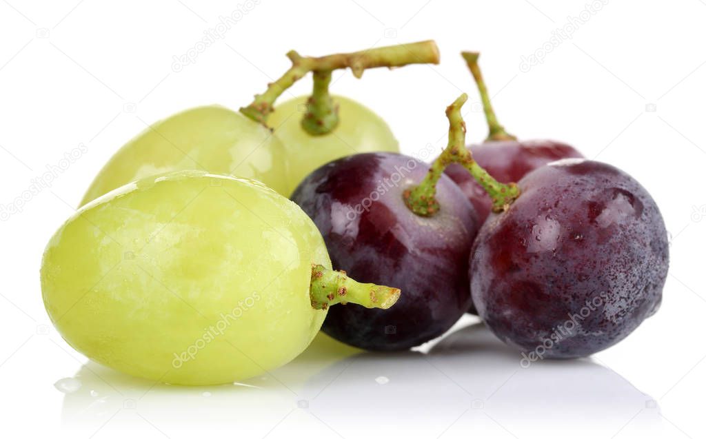 Fresh black and white grapes isolated on white