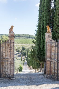 İtalya, Toskana - 03 Eylül: Toskana, İtalya, 03 Eylül 2018 Frescobaldi'nın Castelgiocondo Emlak görünümünden.