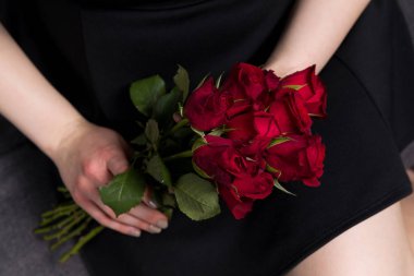 Sevgililer günü, kadının gün, 8 Mart romantik sürpriz kırmızı çiçekler, closeup gül elinde tutan