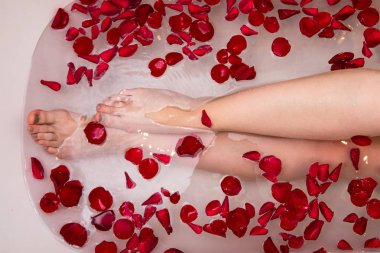 Gül petails, romantik ev spa, öz bakım lüks ile Sevgililer günü banyo