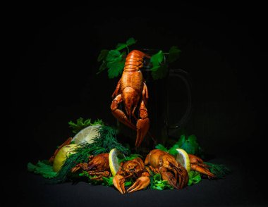 haşlanmış kerevit, bira bardağı, limon, dereotu, maydanoz koyu arka plan üzerinde