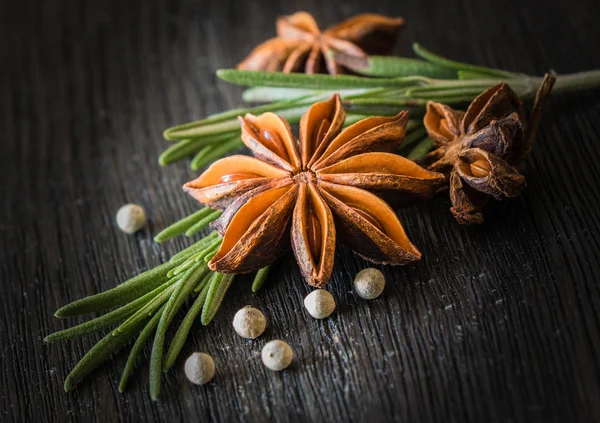 Specerijen Rozemarijn Steranijs Paprika Een Donkere Achtergrond Stockfoto