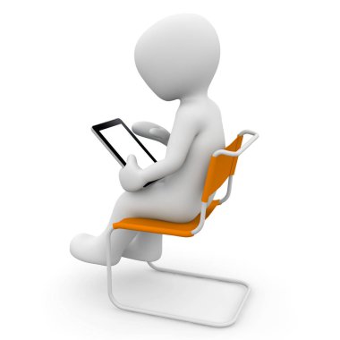 bir tablet kullanırken oturan adam