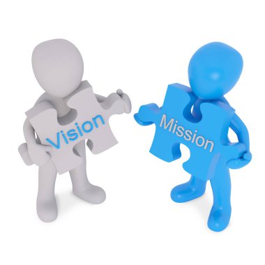 Vizyon ve misyon yapboz parçalarına sahip 3d karakterler