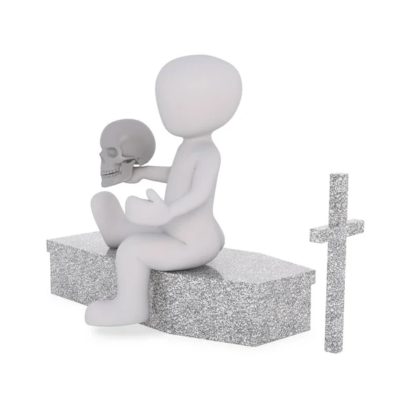 Sitting Coffin Cemetery Holding Skull — Stock Photo, Image