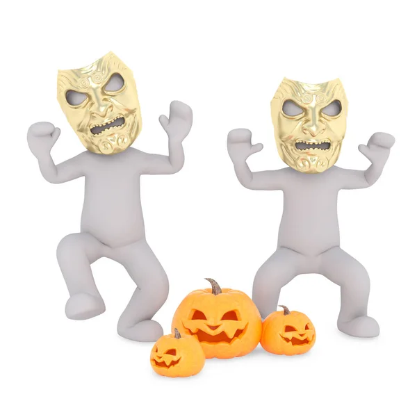 two people with golden scary mask and pumpkins