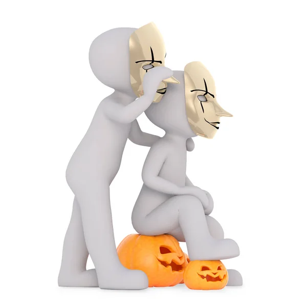 Two People Golden Scary Mask Pumpkins — Stock Photo, Image