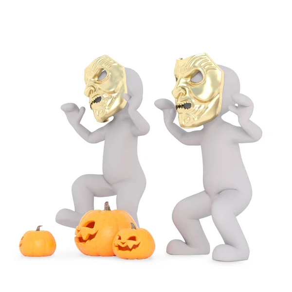 Dva Lidé Zlatými Strašidelné Masky Dýně — Stock fotografie