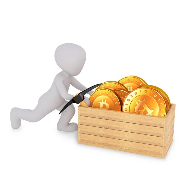Man Pushing Wooden Box Bitcoin — 스톡 사진