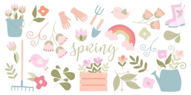 Spring Garden seti. El çizimi Düz Vektör izole elementler. Çiçekler, kuşlar, bahçe aletleri, yapraklar. Koleksiyon Defteri, Tebrik kartı, Parti Daveti, Poster, Etiket, Etiket, Tasarım.