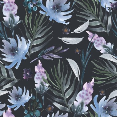 Soyut suluboya çiçek seamless modeli çiçek, dal, yaprakları, tomurcukları. El boyalı siyah arka plan üzerine Vintage çiçek şekil.