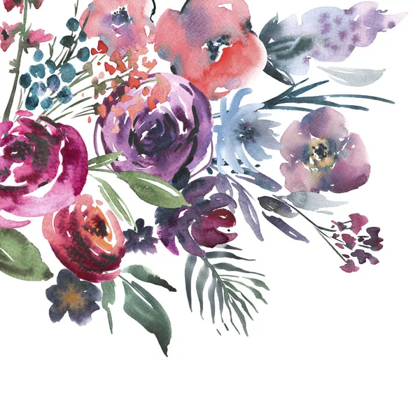 抽象水彩画花卉贺卡在一个初步的风格 红色水彩画玫瑰 手绘的复古花卉例证查出在白色背景 — 图库照片