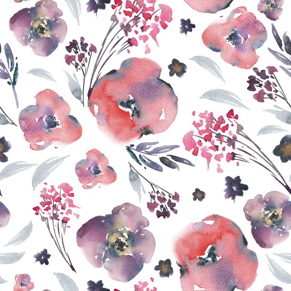 Abstract Watercolor Floral Seamless Pattern Prima Style Red Flowers Twigs — Stock Photo, Image