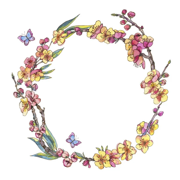 Watercolor Spring Frame Vintage Floral Wreath Blooming Branches Cherry Sakura — Stock Photo, Image