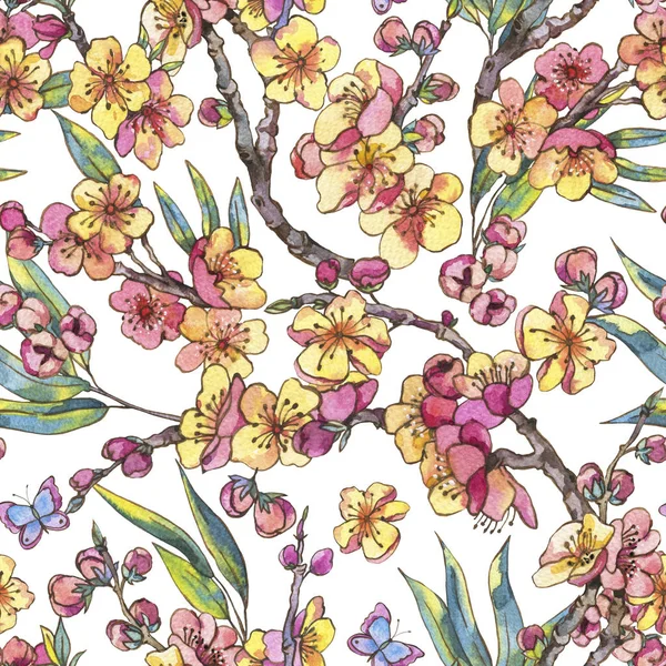 Acuarela Primavera Patten Sin Costuras Ramo Floral Vintage Con Ramas — Foto de Stock
