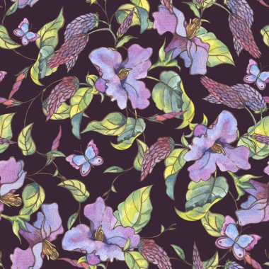 Sulu boya Dikişsiz desen mor çiçekler, bukleler ve b