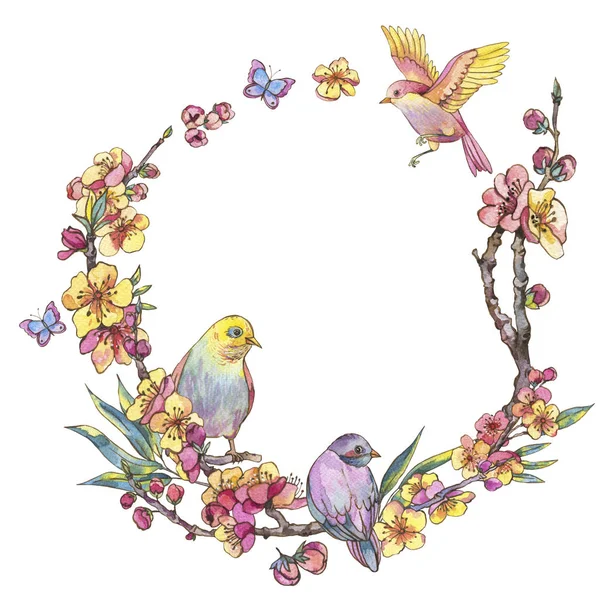 Watercolor spring round frame, vintage floral wreath with birds, — Stock Photo, Image