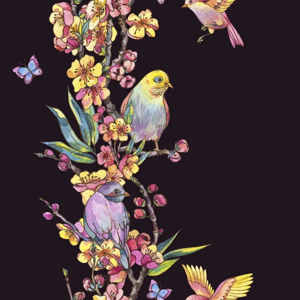 Акварель весна бесшовная граница, винтажный цветочный букет с б — стоковое фото