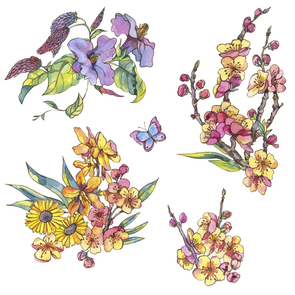 Suluboya çiçek bahar vintage doğal dekorasyon ile ayarla — Stok fotoğraf