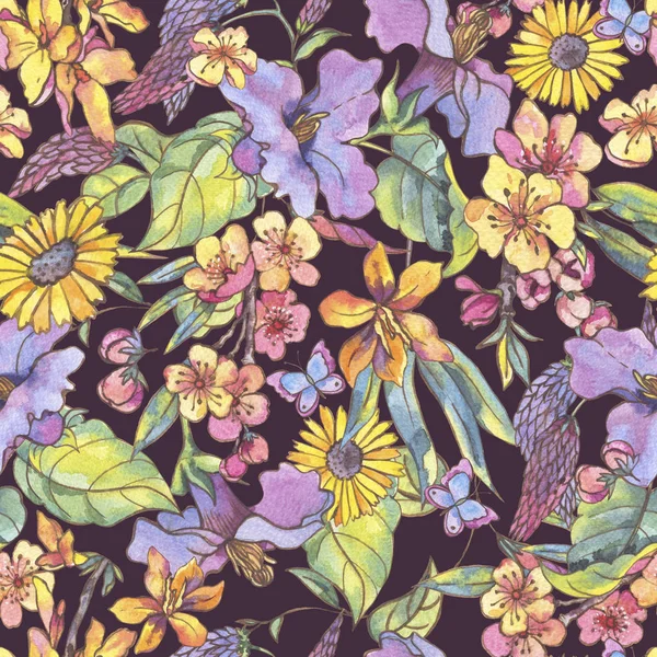 Akvarell blommig färgglada sommar sömlösa mönster, blommor — Stockfoto