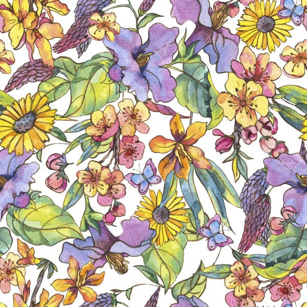 Akvarell, virágos, színes nyári varrat nélküli mintát, vadvirágok — Stock Fotó