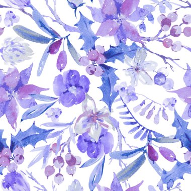 Kış mavi çiçek sulu boya Dikişsiz desen dalları, holly, çiçek ve meyveleri. Doğal el Beyaz arka planda, yeni yıl dekorasyon illüstrasyon boyalı