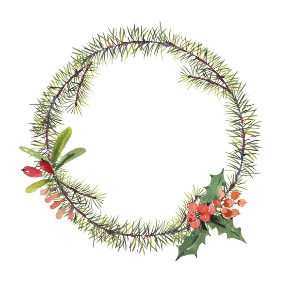 Akwarela Zima Boże Narodzenie Okrągłe Ramki Gałęzi Drzew Holly Jagody — Zdjęcie stockowe