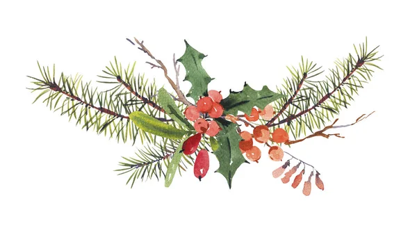 Téli Akvarell Karácsonyi Üdvözlőlap Ágai Bogyók Természetes Kézzel Festett Koszorú — Stock Fotó