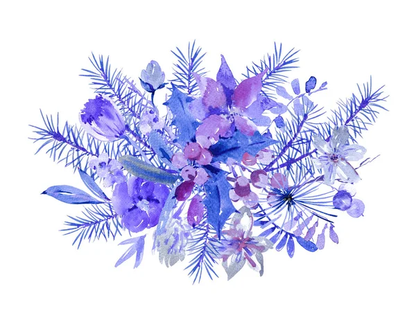 Μπλε Φλοράλ Ακουαρέλα Χριστούγεννα Ευχετήρια Κάρτα Κλαδιά Δέντρων Πουρνάρια Λουλούδια — Φωτογραφία Αρχείου