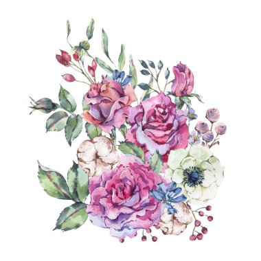 Dekoratif vintage suluboya pembe güller, çiçek, anemon çiçeği, pamuk, yaprak ve tomurcukları, doğa tebrik kartı botanik çiçek illüstrasyon izole beyaz arka plan üzerinde