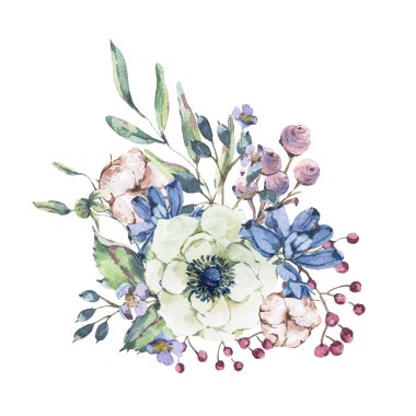 Dekoratif vintage suluboya doğal tebrik kartı anemone, kır çiçekleri, pamuk, yaprak ve tomurcukları, botanik çiçek illüstrasyon izole beyaz arka plan üzerinde